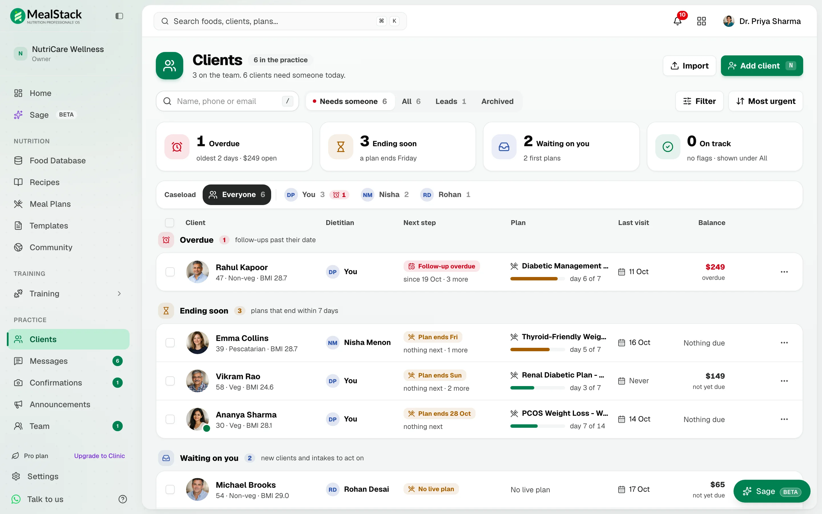 The client list's groups: overdue, ending soon, waiting on you and on track