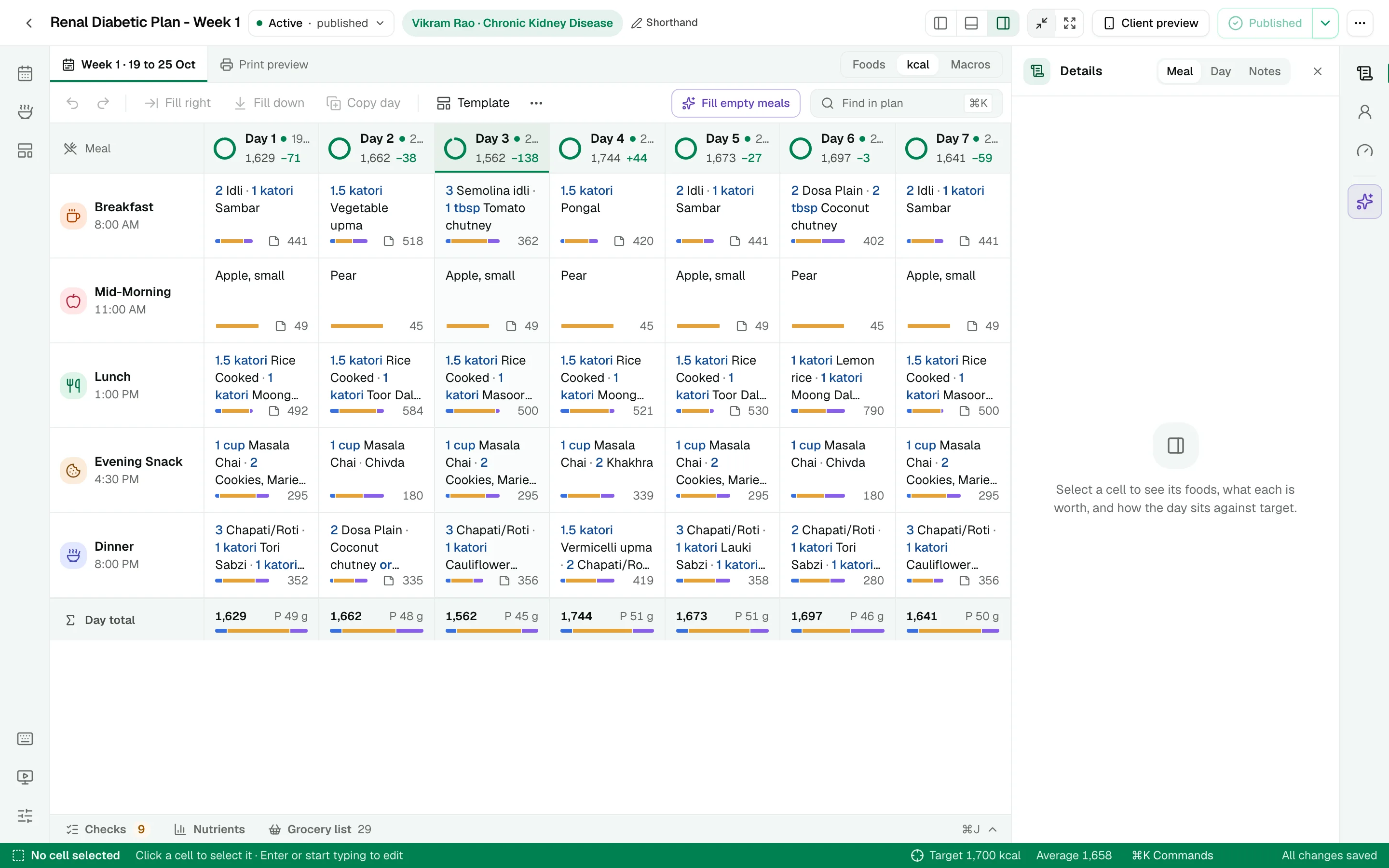 Shorthand Studio: a week of meals with each day's total against target